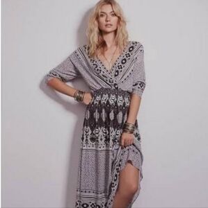 Free People She's A Lady Reversible Plunge Neck Block Print Midi Dress S